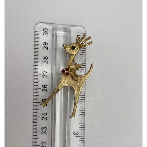 Christmas Reindeer Brooch Gold Tone Red Green Accents 2.5" - Picture 6 of 8
